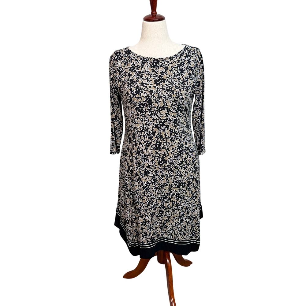 J. Jill dress black tan print knit 3/4 sleeve border print scoop neck Sz S